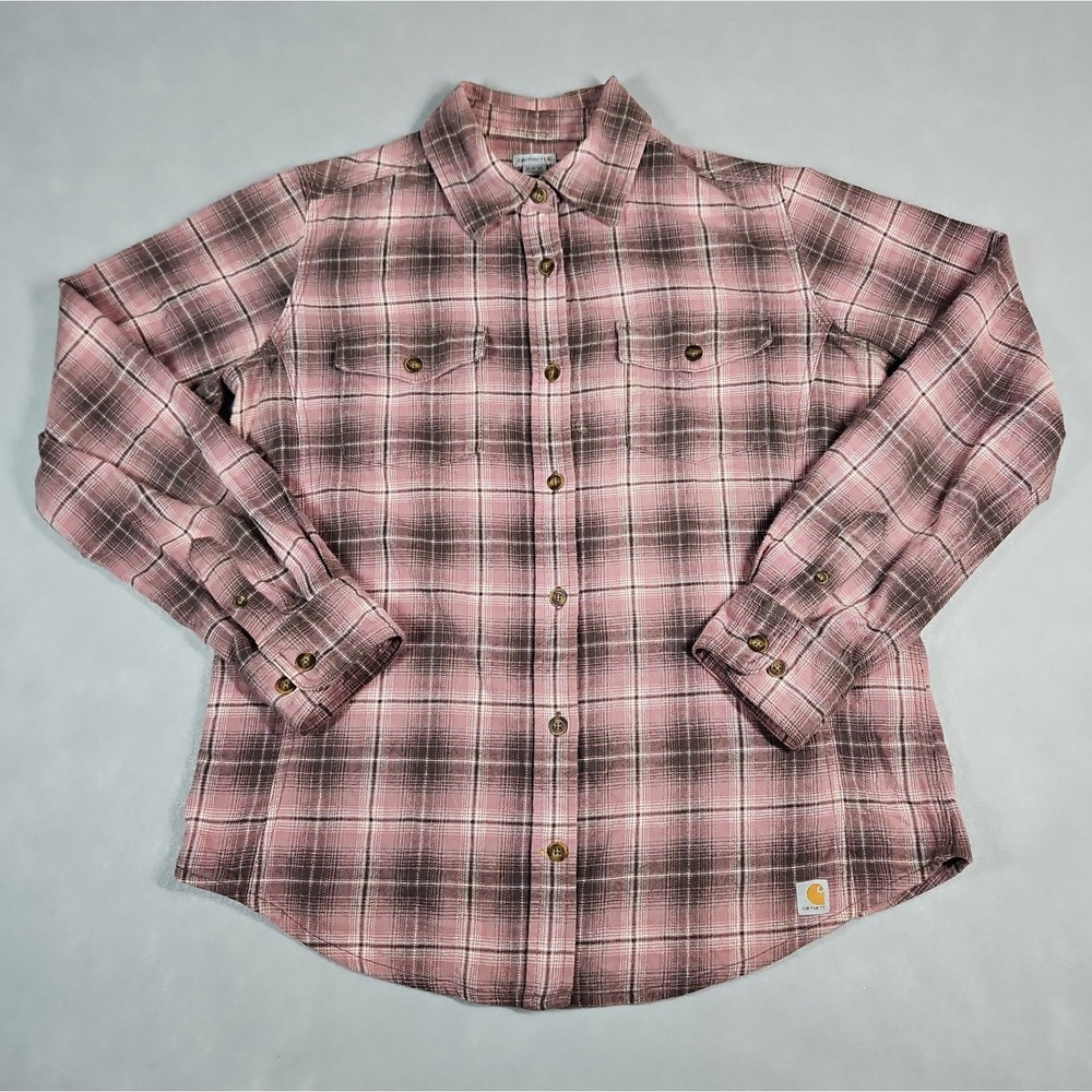 Carhartt Womens Pink Brown Plaid Button Up Long Sleeve Shirt Size Medium